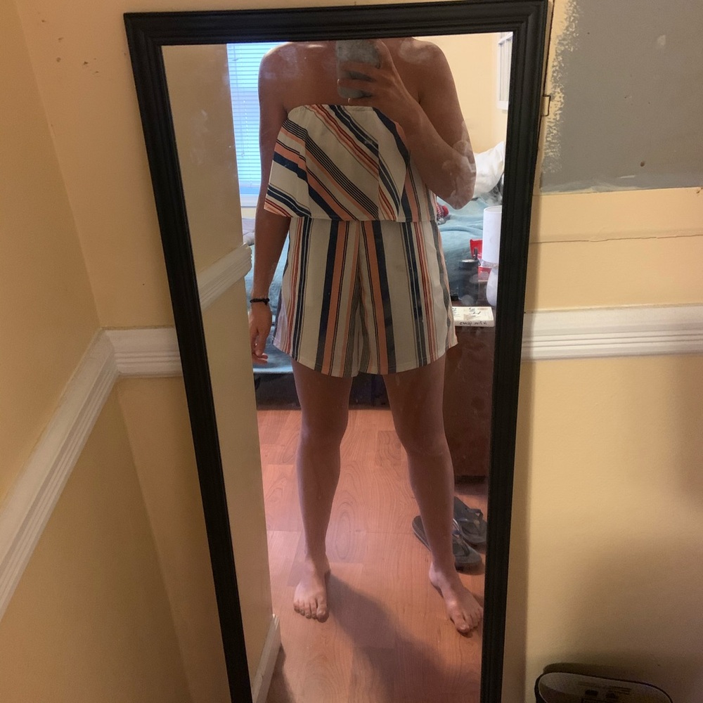 Striped strapless romper